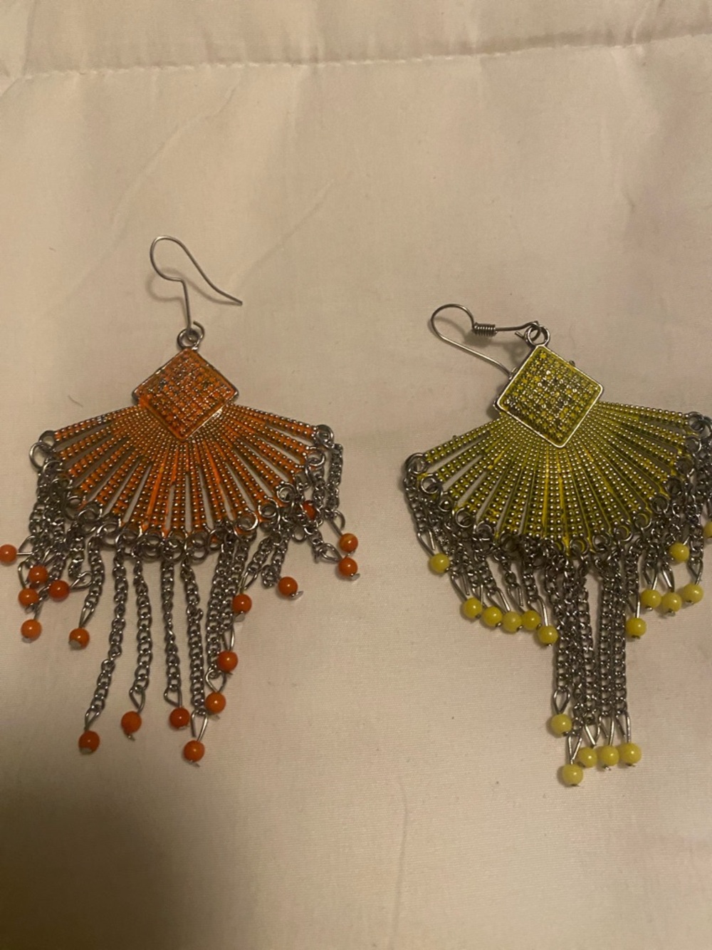 Boho Beaded Fringe Fan Earrings in Orange and Yellow